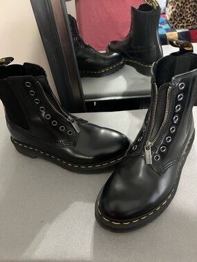 Dr. Martens Black Leather Front Zip Boots with Classic Yellow Stitching